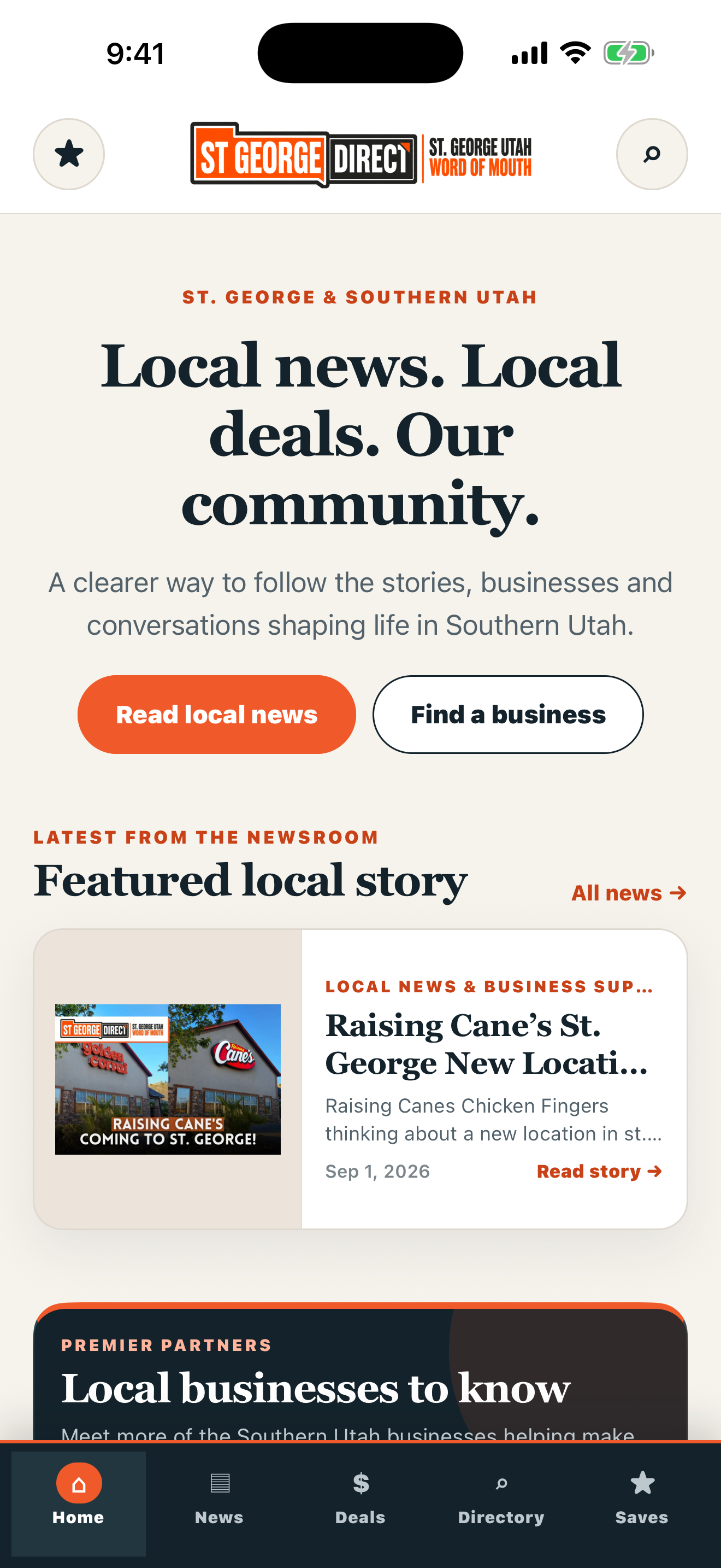 St. George Direct app home screen showing local news, deals and directory navigation