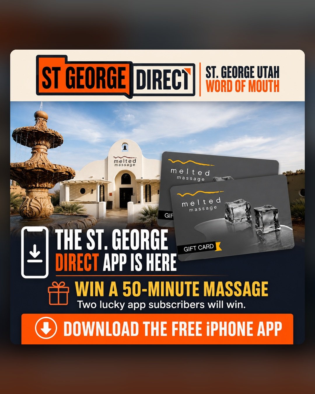 St. George Direct app launch giveaway featuring two 50-minute Melted Massage prizes