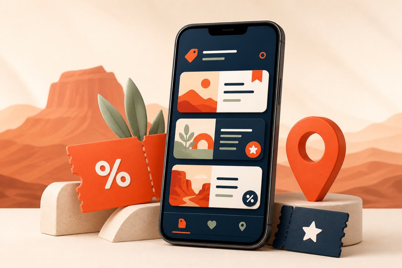 St. George Direct local deals shown on a phone with Southern Utah-inspired savings icons